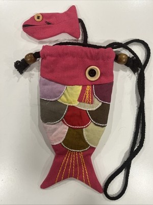 Pink Fish-Shaped Hand Bag with Patchwork Scales and Cinch Top & Coin Purse