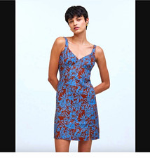 Madewell Floral Mini Slip Dress Blue/Brown V-Neck Linen Sleeveless Size 4