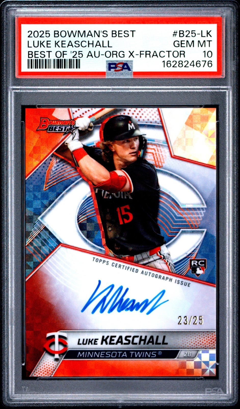 2025 Bowman's Best Luke Keaschall Orange X-Fractor Auto RC /25 PSA 10 Twins
