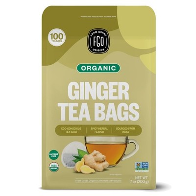 Organic Ginger Tea - 100 Eco-Friendly Tea Bags in Resealable Bag for Relaxation