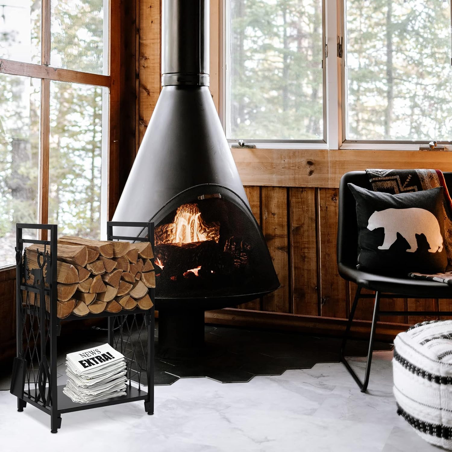 Firewood Rack with 4 Fireplace Tools, Fireplace Tool Sets Log Rack Outdoor Heavy