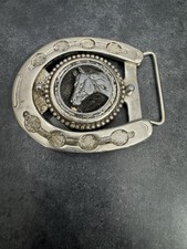 Vtg Horse Belt Buckle Horseshoe USA Western
