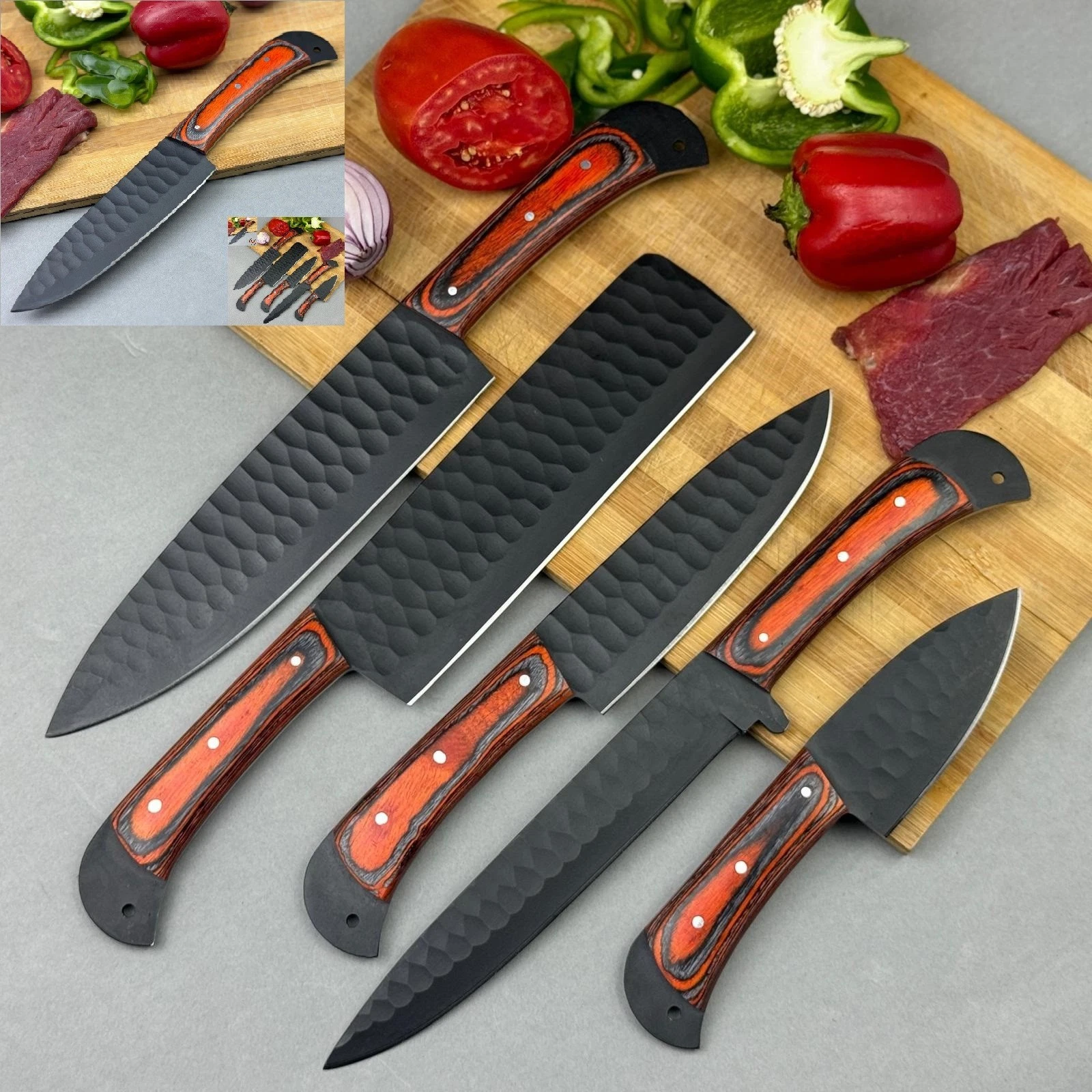 Premium 5PCS Chef Knife Set | Handmade Kitchen Knives | Wood Grip Handles