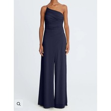 Halston Camryn Jersey Overlay One Shoulder Wide Leg Jumpsuit Navy Sz 4 NWT $645