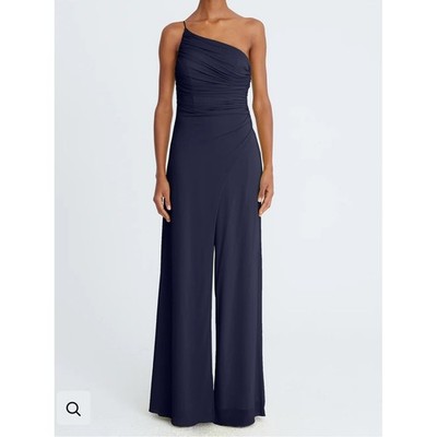 Halston Camryn Jersey Overlay One Shoulder Wide Leg Jumpsuit Navy Sz 4 NWT $645