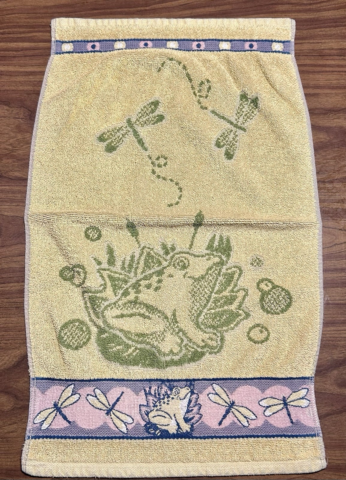 Vintage Hand Towel Set 2 90s Frog Frog Lovers Dragonfly Cotton Terry W Border