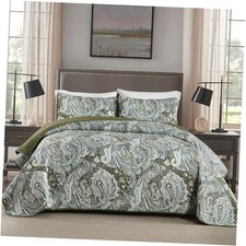 Paisley Quilt Set Size Boho Bedspread Coverlet Set 3 Pieces, Soft King Green