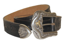 Vintage TONY LAMA Black Tooled  Stamped Leather BRONCO Western Belt 44"