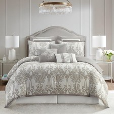 Smoke Grey Comforter Set California King Size, 9 Piece Jacquard Floral Beddin...