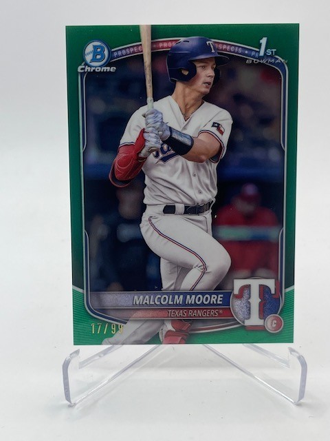 2025 BOWMAN CHROME MALCOLM MOORE RC GREEN REFRACTOR #D 17/99 SP RANGERS 1ST