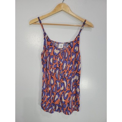 Cabi Isla Cami Women Small Orange Purple Abstract Leopard Print Button Top 5040