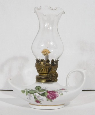 Vintage MINI OIL LAMP - Victorian Style -MOSS ROSE - Wick & Blown Glass Chimney