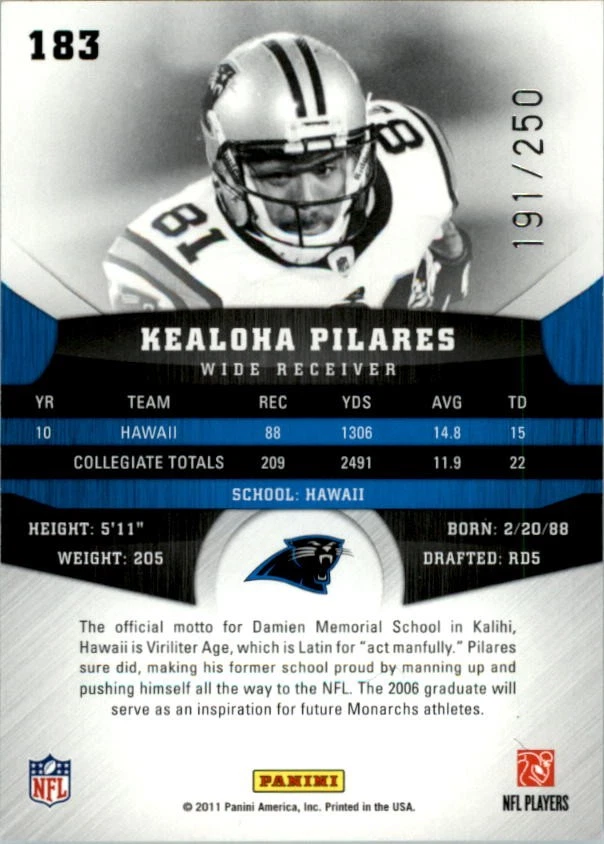 2011 Panini Gridiron Gear Silver O's #183 Kealoha Pilares/250 - FB - Image 2 of 2
