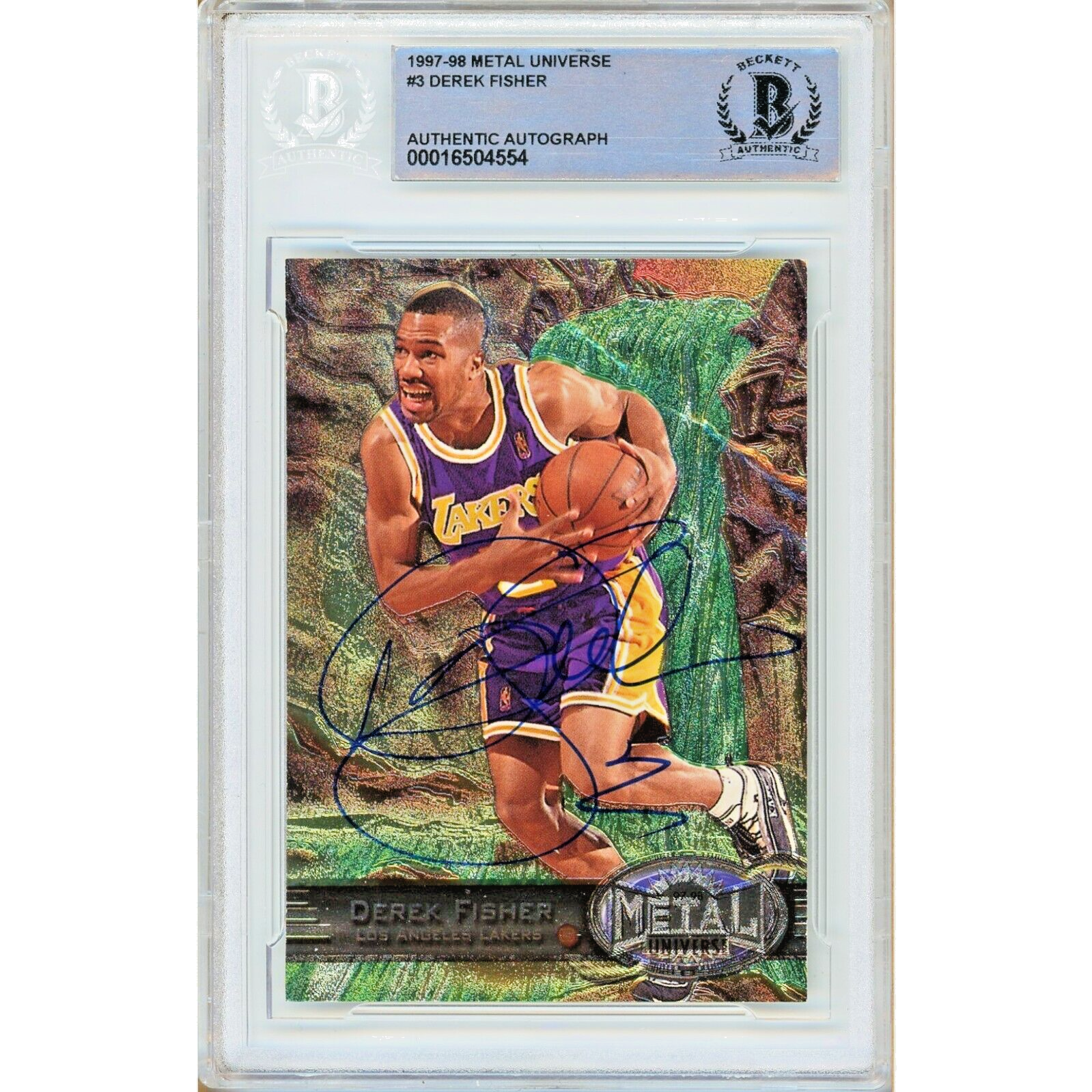 Derek Fisher Los Angeles Lakers Auto 1997-98 Skybox Metal Signed BAS Auth Slab
