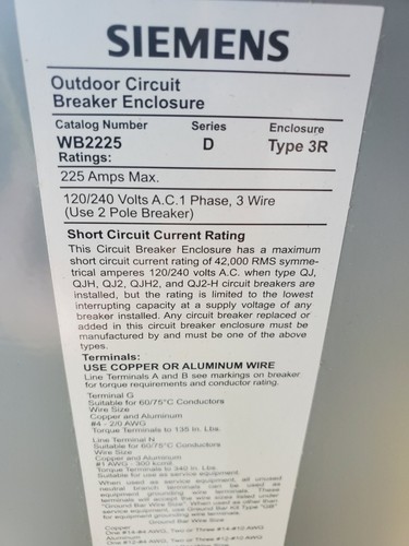 Siemens WB2225 200amp 1ph 3w circuit breaker type fused disconnect type 3R NEW - Picture 3 of 6