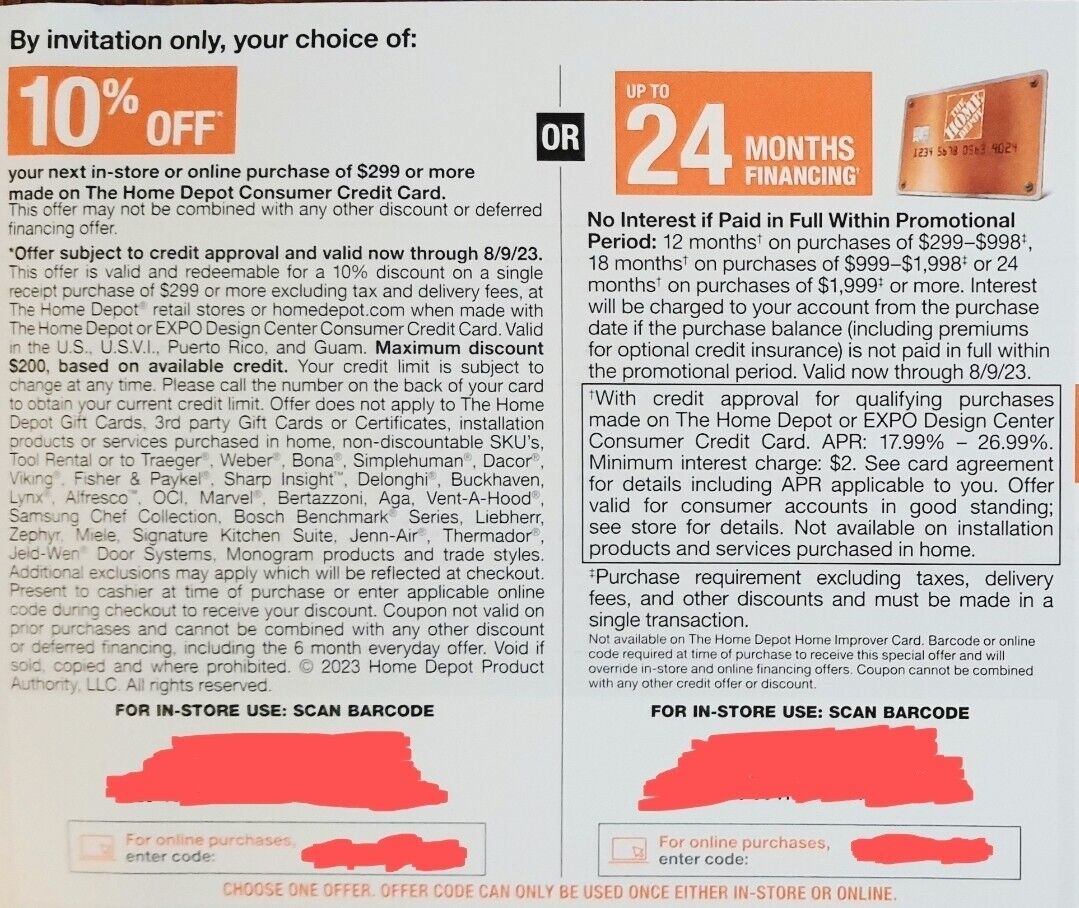 Home Depot 10% off / 24 Mo 0% Financing Coupon - In-Store or Online  Exp 10/4/23