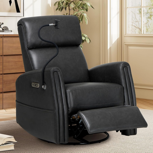 Electric Power Swivel Recliner Chair, PU Leather Rocking Chair, 270° Swivel 145°