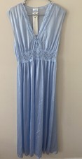 VTG Quiet Moments Long Nightgown Womens M Nylon Soft Stretch Lace Blue USA NOS