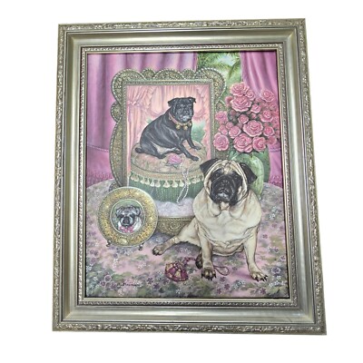 Original Framed Painting On Claybord Pugs By B. Berman 20x16