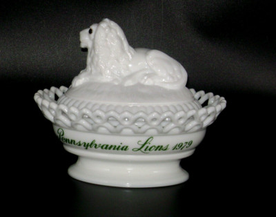1979 Pennsylvania Lions Club White Milk Glass Lion Covered Dish by Westmoreland