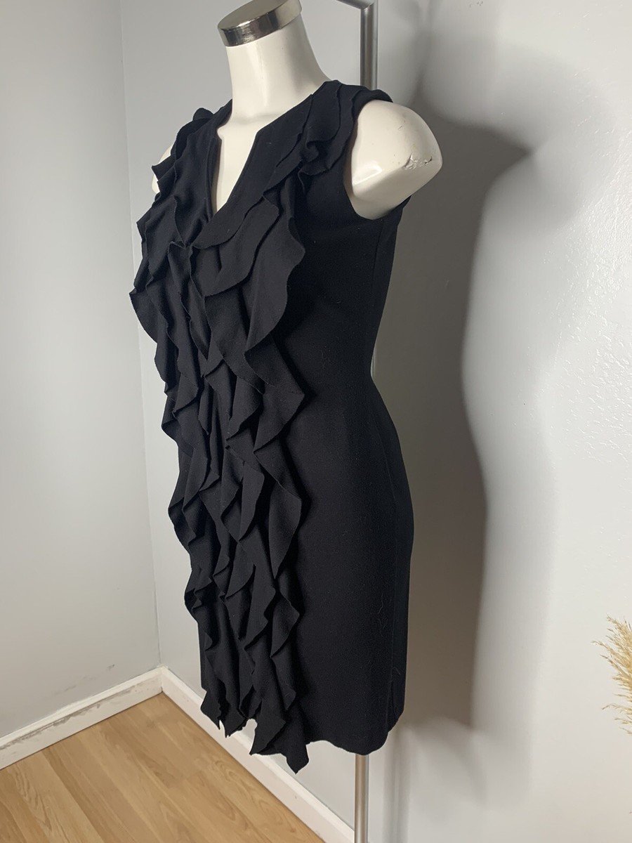 Calvin Klein Little Black Dress Sleeveless Fitted Ruffle Front V
