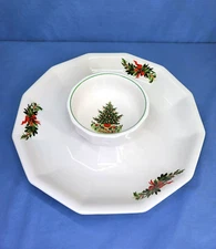 Pfaltzgraff Christmas Tree Chip & Dip 2 Pc Set White Made in USA