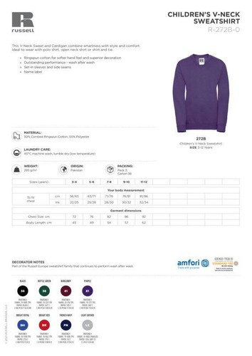 Russell Kids V Neck Sweatshirt - Juniors Full Sleeves Plain Uniform Fleece - Picture 2 of 31
