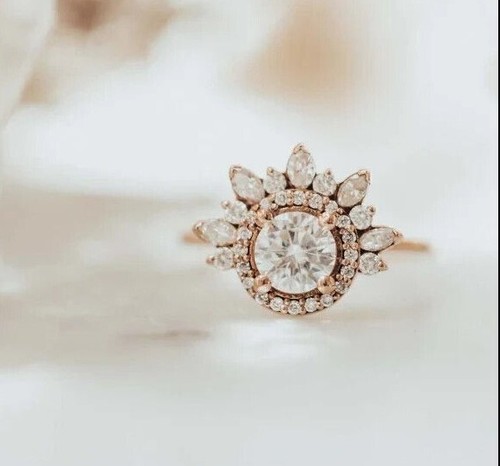 1,0 ct Rundschliff Starburst Halbhalo massiver Goldring für Damen Verlobung