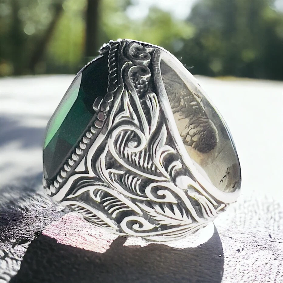 925 Argento Sterling Verde Zircone Floreale Lusso Design Uomo Anello - Immagine 3 di 4