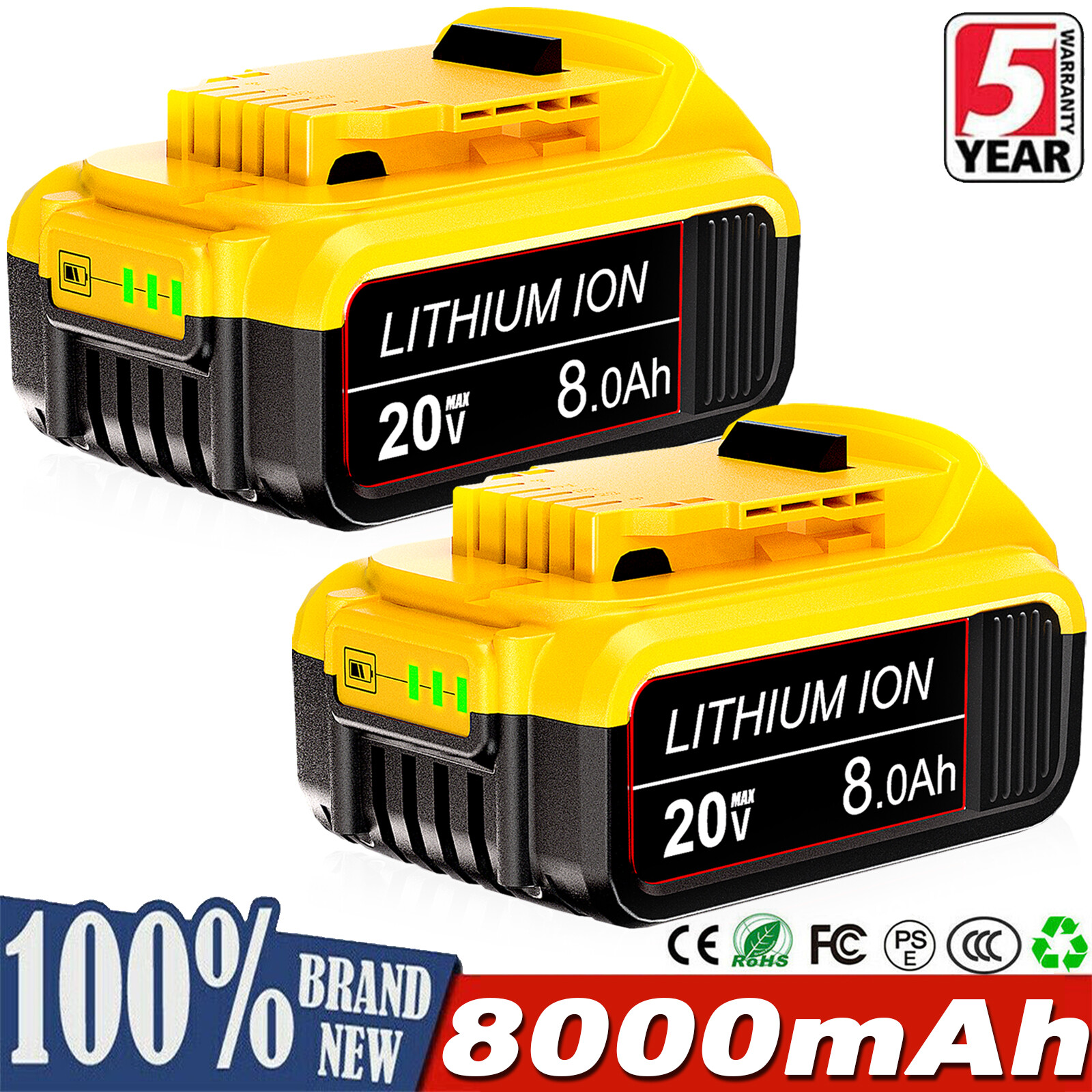 2Pack For DeWalt 20V 20 Volt Max 8.0AH Lithium Ion Battery DCB206 DCB205 DCB204