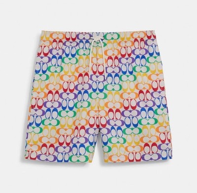 COACH MEN'S RAINBOW SIGNATURE SWIM TRUNKS:NWT  PRIDE  S C1516