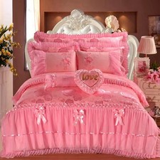 Ruffled Comforter Set Pink Red Floral Pattern w/ Decorative Pillows Shams