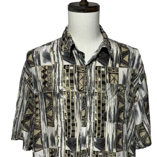 Scandia Woods Shirt XL Black Tan Silk Button Up Short Sleeve Abstract Beachy