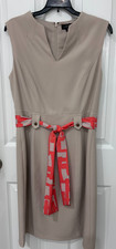 Tahari Beige Ladies Sleeveless Dress w/coral scarf belt & back kick pleat size 8