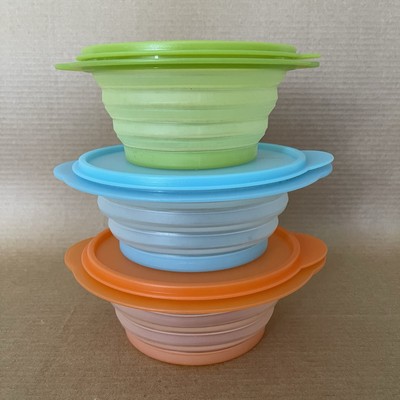 Tupperware Flat Out Collapsible Bowls (Set of 3) #5453, 5452 Orange, Blue, Green