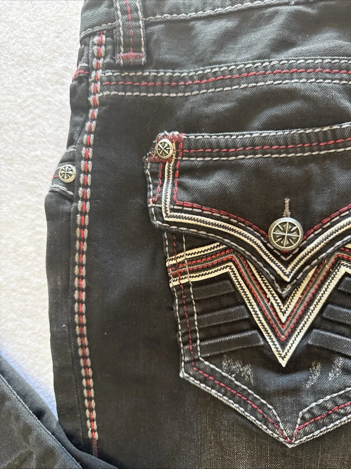Pantalones de mezclilla bordados Y2K Affliction Ace talla para hombre 36x32 negros premium Foto 3 de 4
