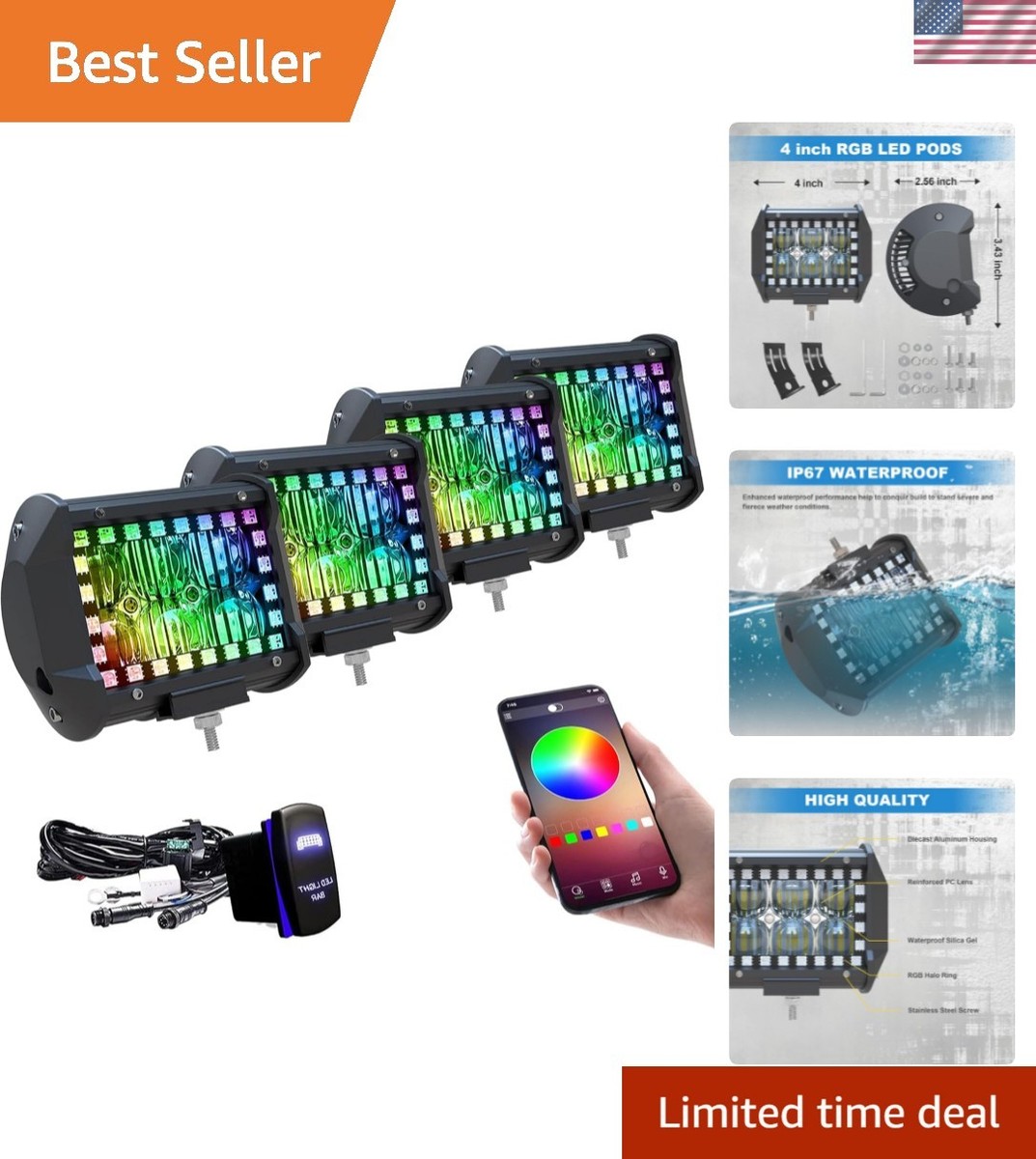 Multicolor Lpteso LED Light Bars Inches with Adjustable Mounting  Remote