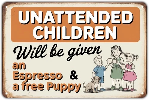 Unattended Children Espresso Puppy Tin Metal Signs Home Décor Vintage Funny Rule