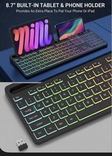 Wireless RGB Keyboard, Rechargeable, Built-In Tablet  Phone Holder, Black