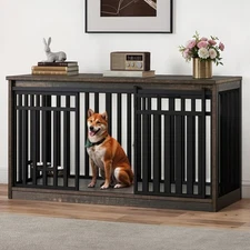 55 Inch Large Dog Crate Furniture Heavy Duty Wooden Dog Crate with 2 Dog Bowls
