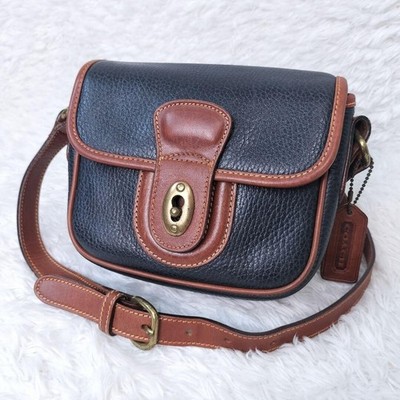 COACH Italy Navy Brown Full Grain Leather Crossbody Flap Bag Auth From JAPAN