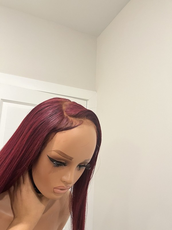 Glueless Lace Front Human Hair Straight Wig Burgundy Side Part Women Adult