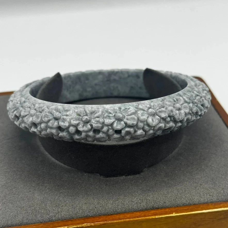 Редкий товар большой размер бирманский нефрит браслет резные цветы все вокруг внутренний 67 мм - Изображение 2 из 4