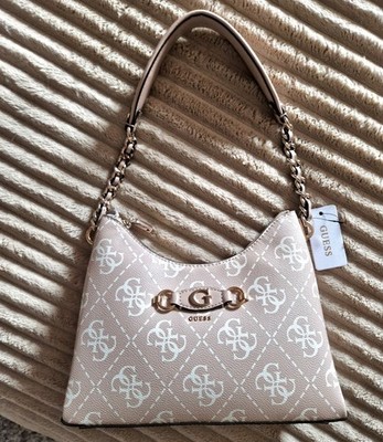 GUESS Izzy Top Zip Shoulder Bag Schultertasche Tasche Sand Logo sand weiß Neu