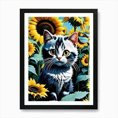 Sonnenblume Katze Kunstdruck gerahmt Wandbild Poster Leinwanddruck Bild