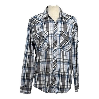 Affliction Black Premium Mens 2XL Large Long Sleeve Gray Blue Plaid Shirt Buckle