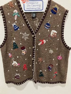 Vintage Designers Studio Womens Christmas Sweater Vest XL Tan Beaded Embroidered