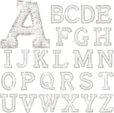 52-Pack Pearl Rhinestone Alphabet Iron-On Patches A-Z for DIY Clothing, Accessor