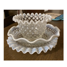 Vintage Fenton White French Opalescent Hobnail Glass Set -3 Piece Bowl Saucers