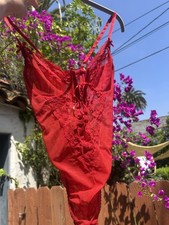 Vintage 80s Sheer Lace Up Teddy Lace Up Lingerie Red High Cut